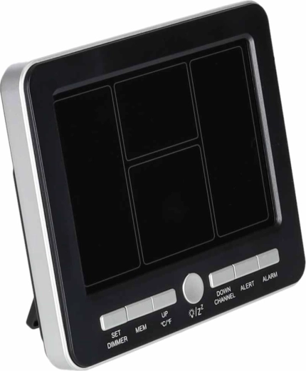 Powered via USB‑C or batteries, alarm clock with snooze