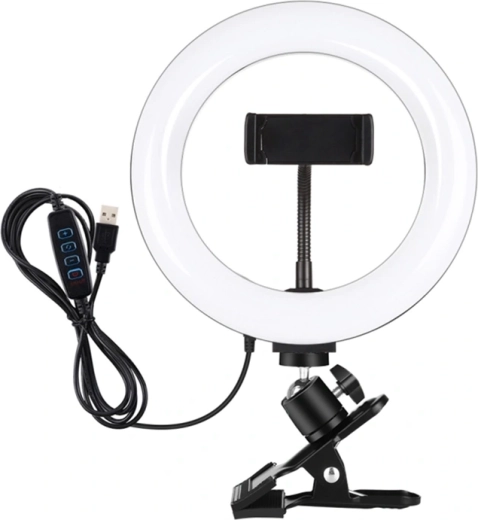 PULUZ LED кръгла светлина 20 см с държач за монитор и телефон, регулируема цветна температура, черна