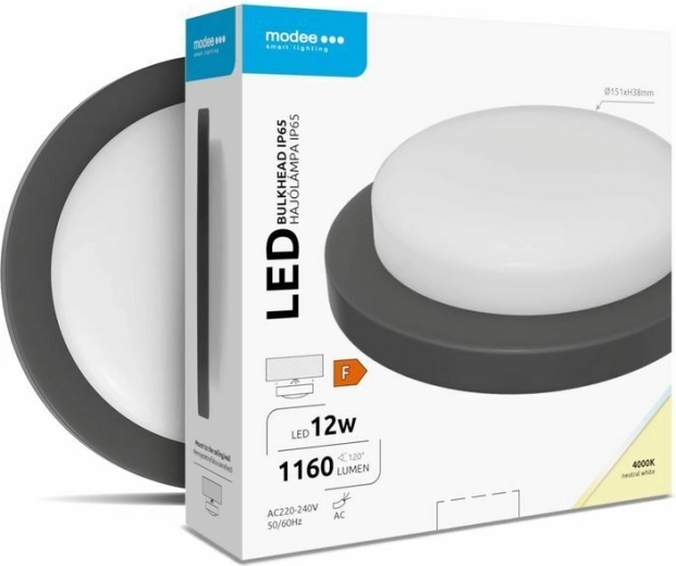 Кръгло стенен/таванен LED осветител 12 W, 4000 K, 1160 lm, черно – MODEE LED Bulkhead Round