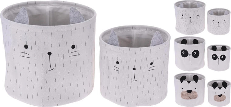 Children's storage baskets with animals, set of 2, polyester, white