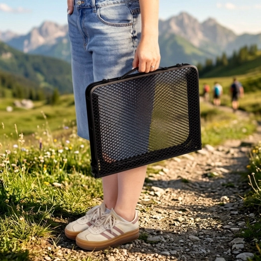 Folds into a suitcase with a handle in no time