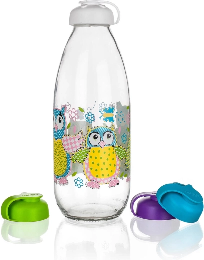 1 L Milk Bottle with Lid – Owl Motif, Glass