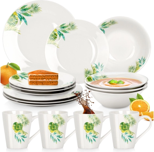 Porcelain dinner set with tropical botanical motif, 16 pieces