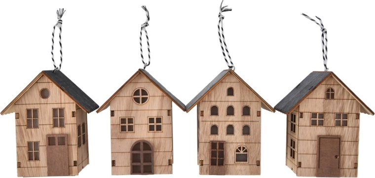 Hanging wooden house with LED light, beige, 10 × 6 × 9 cm