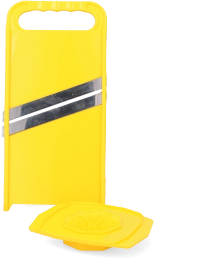 Plastic vegetable peeler with press and stainless steel blade