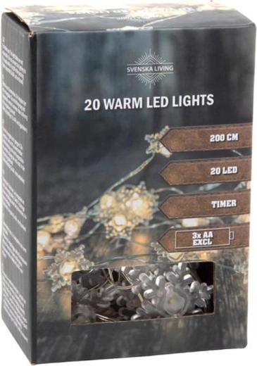 Светлинен гирлянд с таймер, 20 LED снежинки, 200 см