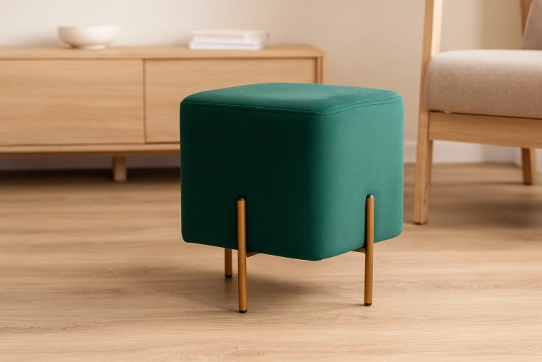 Dark Green Velvet Ottoman with Gold Legs 35 × 35 × 40 cm