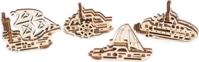 Ugears 3D дървен механичен пъзел – 4 механични висулки Плавателни съдове