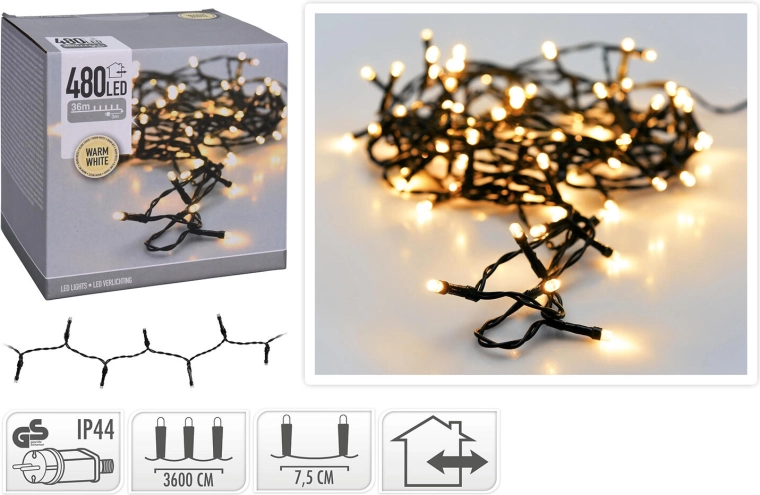 Christmas LED string lights 36 m, 480 LEDs, warm white, green wire - 1 piece