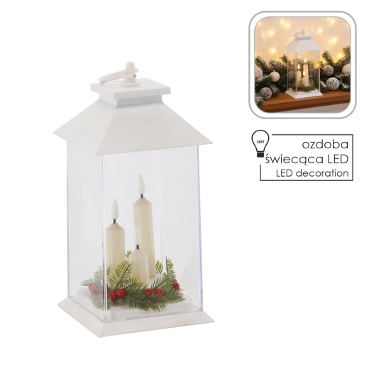 White LED Lantern with Three Candles and Timer, 14 × 14 × 27 cm