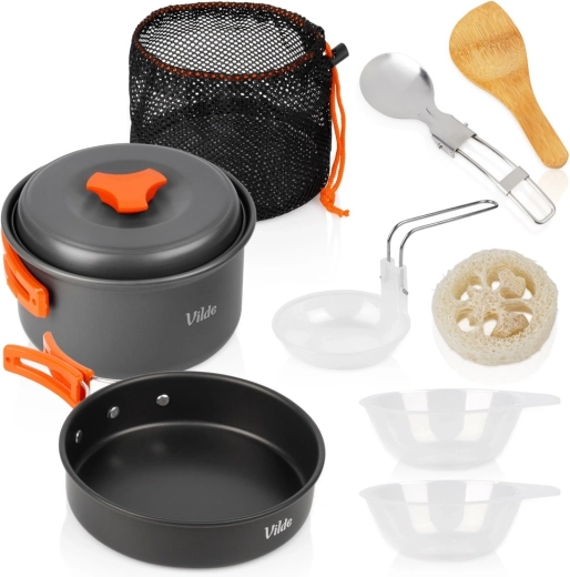 Vilde anodized aluminum camping cookware set with accessories, 10 pieces