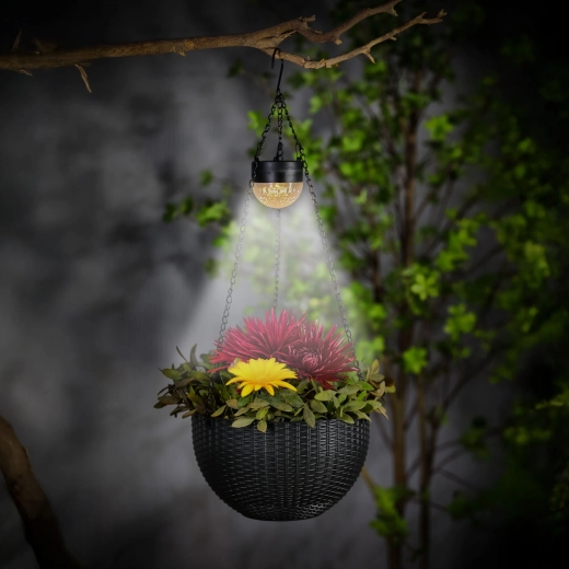 Hanging solar LED planter with rattan effect, black