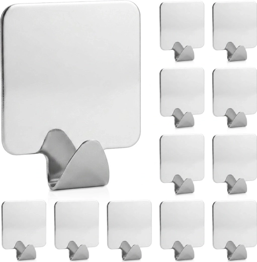 Self-adhesive stainless steel hooks Storage Solutions silver, 12 pcs