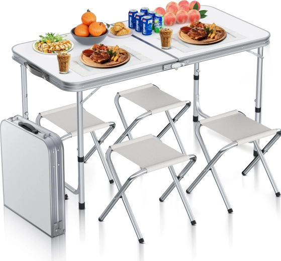 Folding camping set CAMP 120 – table and 4 chairs, white