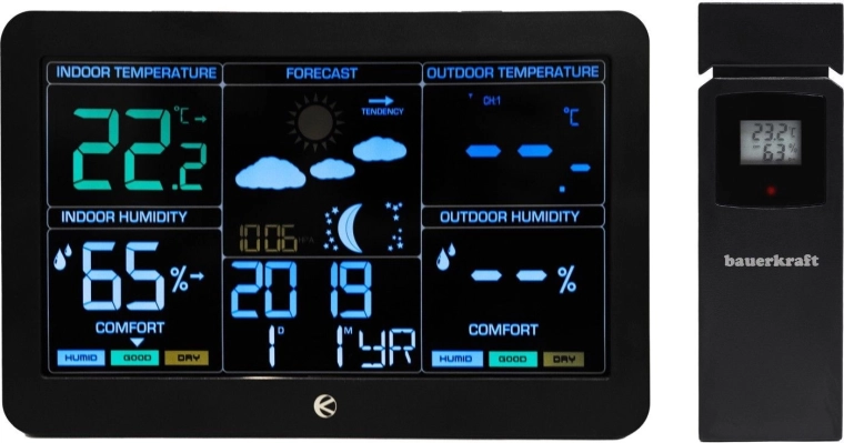 Wireless weather station with outdoor sensor, barometer and radio-controlled clock