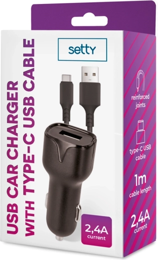 Setty автомобилно зарядно 1× USB 2,4 A черно + USB‑C кабел 1 m