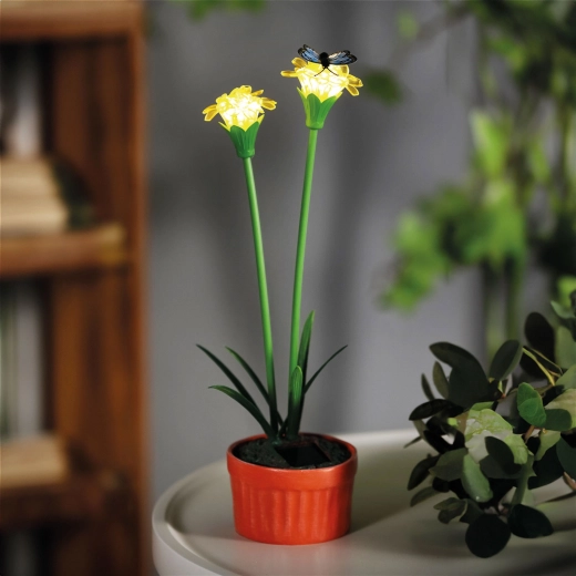 Yellow solar flower with warm white LED lighting