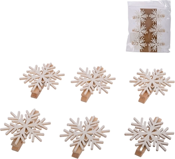Wooden decorative clothespins with white snowflake, 6 pcs