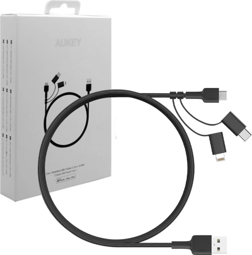 Aukey 3в1 зареждащ кабел USB-A към Lightning, USB‑C и micro USB 1,2 m, черен найлон