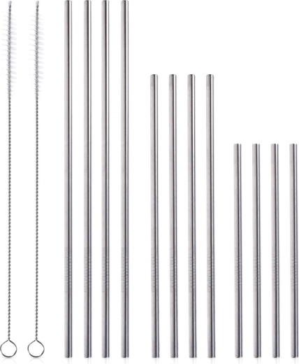 Stainless steel drinking straws with cleaning brushes, set of 14 pcs