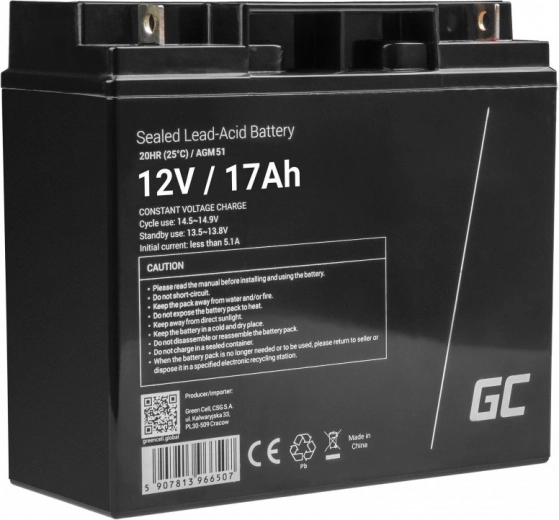 Maintenance-free GREEN CELL AGM Battery 12 V 17 Ah for lawn mowers, scooters, boats and wheelchairs