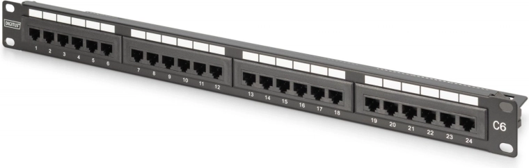 Пач панел 19" 24× RJ45 Cat 6, неекраниран, 1U, LSA, управление на кабелите, поле за означаване, черен