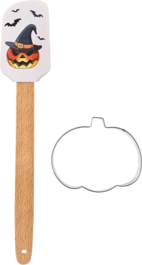 Halloween silicone kitchen scraper with wooden handle and pumpkin cookie cutter