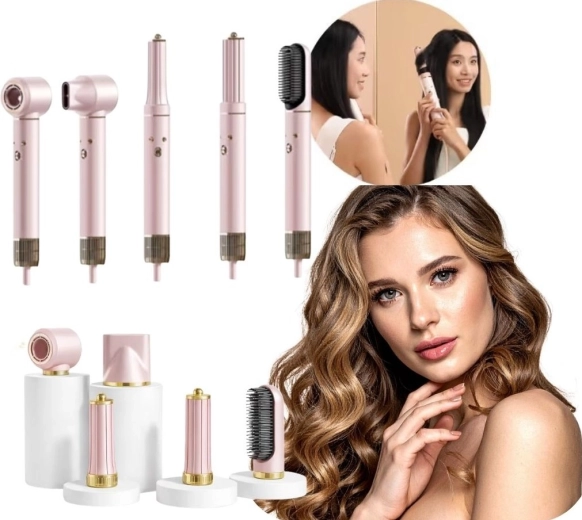 Pink multifunctional hair dryer and styler 5-in-1 with ionization, 3 temperatures