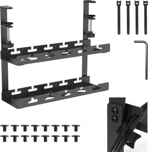 Under-desk cable organizer with double shelf 40 cm with clamp