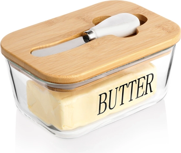 Glass butter dish with bamboo lid and knife