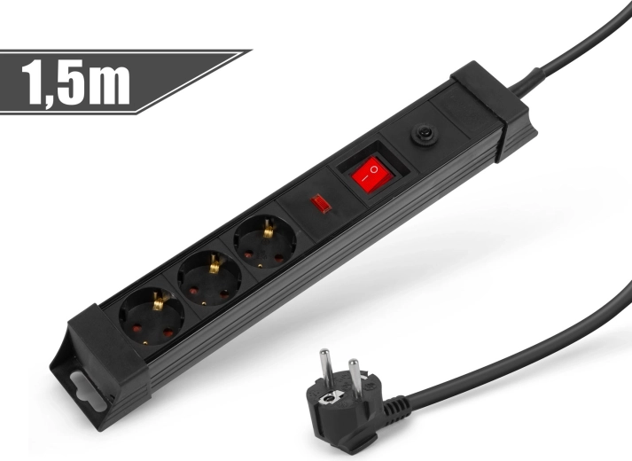 Black extension cable with surge protection and 6 sockets