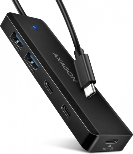 Пътен USB‑C хъб AXAGON с 4 порта 5Gbps (2× USB‑A, 2× USB‑C) с USB‑C захранване и кабел 19 см