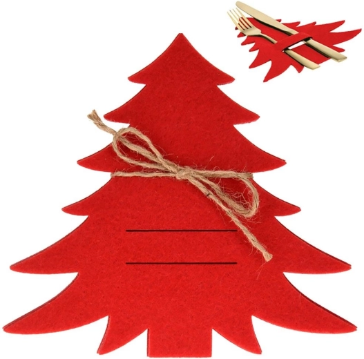Felt Christmas cutlery holder in the shape of a tree, red, set of 4