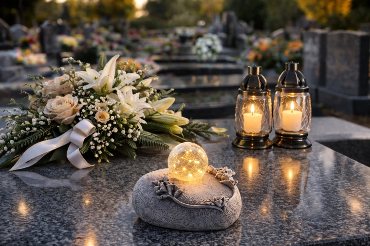 Memorial LED decoration with a glass ball and floral relief - 1 piece