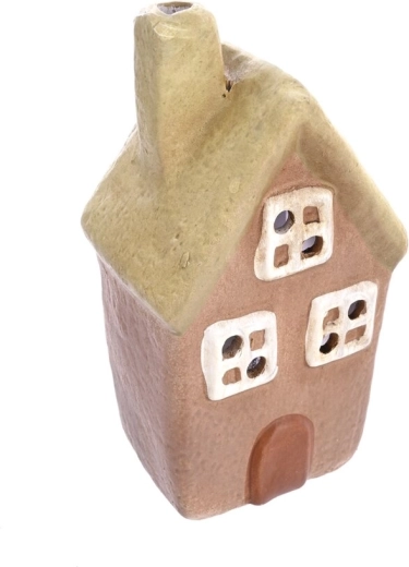 Ceramic house-shaped candle holder, beige-green, 14 cm