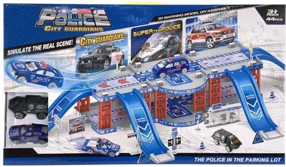 Police parking garage with 2 metal toy cars