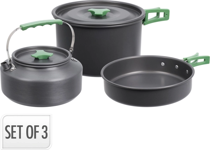 Camping cookware set, 3 pieces, aluminum – pot, kettle and pan, black