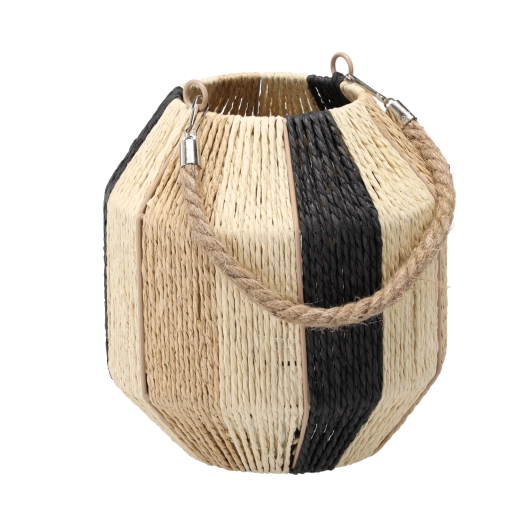 Boho lantern with striped pattern and glass insert, height 23–25 cm