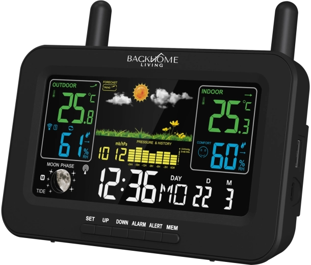 BackHome Living multifunctional RCC weather station powered by mains and batteries, black, 16.5 × 4.5 × 13.5 cm
