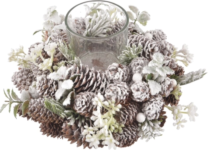Candle holder in the shape of a pine cone with a snow effect, 24 cm