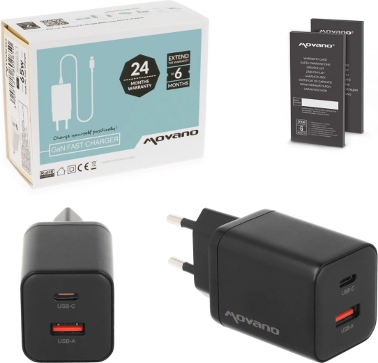 Мрежово зарядно Movano GaN 45 W USB-C PD + USB-A черно