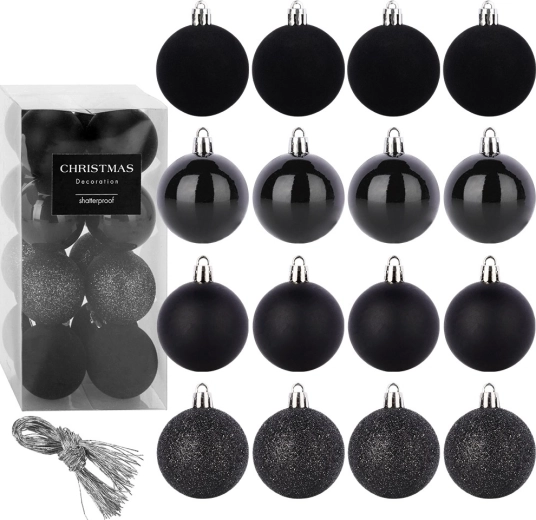 Shatterproof black Christmas tree ornaments 5 cm, set of 16 pcs