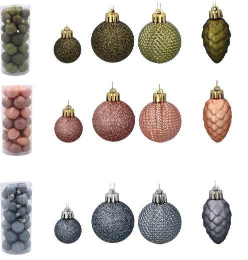 Set of 31 Christmas ornaments olive, copper and graphite 3–4.5 cm