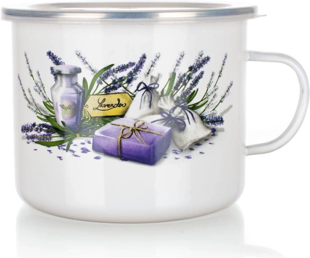Enamel Mug Lavender 1.4 l with Plastic Lid, Diameter 14 cm