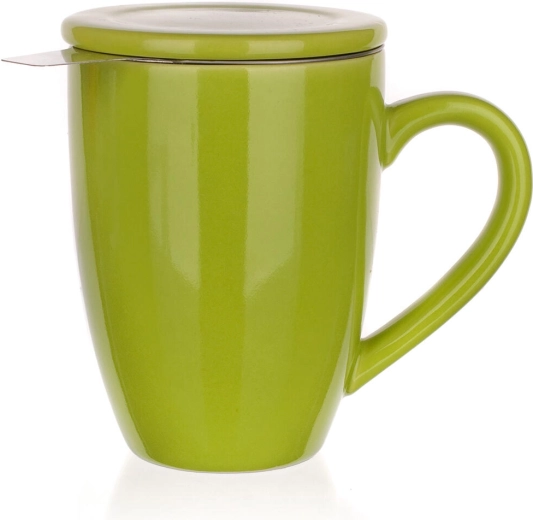 Ceramic mug with lid and stainless steel infuser 350 ml BONNET, green