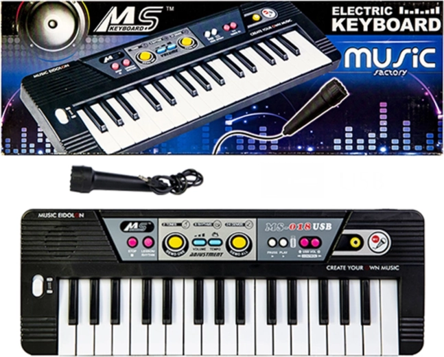 Детски клавишен инструмент (keyboard) с микрофон, 37 клавиша, черен - 1 брой