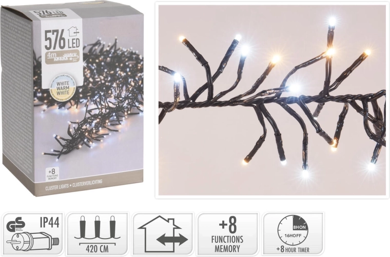 Коледен LED светлинен гирлянд 4,2 м, 576 LED, топло бяло, 8 функции, IP44, с таймер