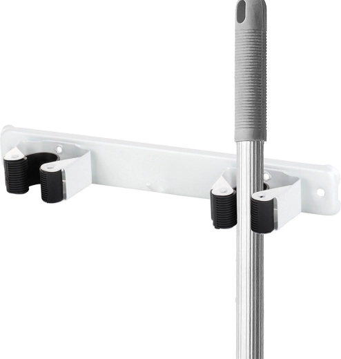 Wall-mounted double holder for mop, broom and tools