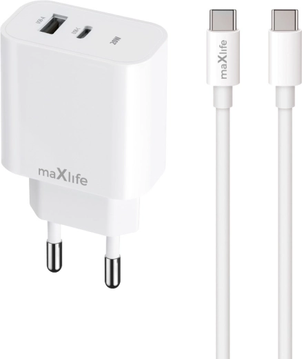 Maxlife MXTC-06-20AC USB-C + USB-A 20 W fast charger with USB-C/USB-C cable