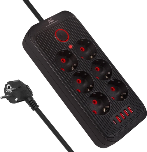 Surge-protected power strip extension, 6 outlets with USB-A and USB-C, 2500 W, black